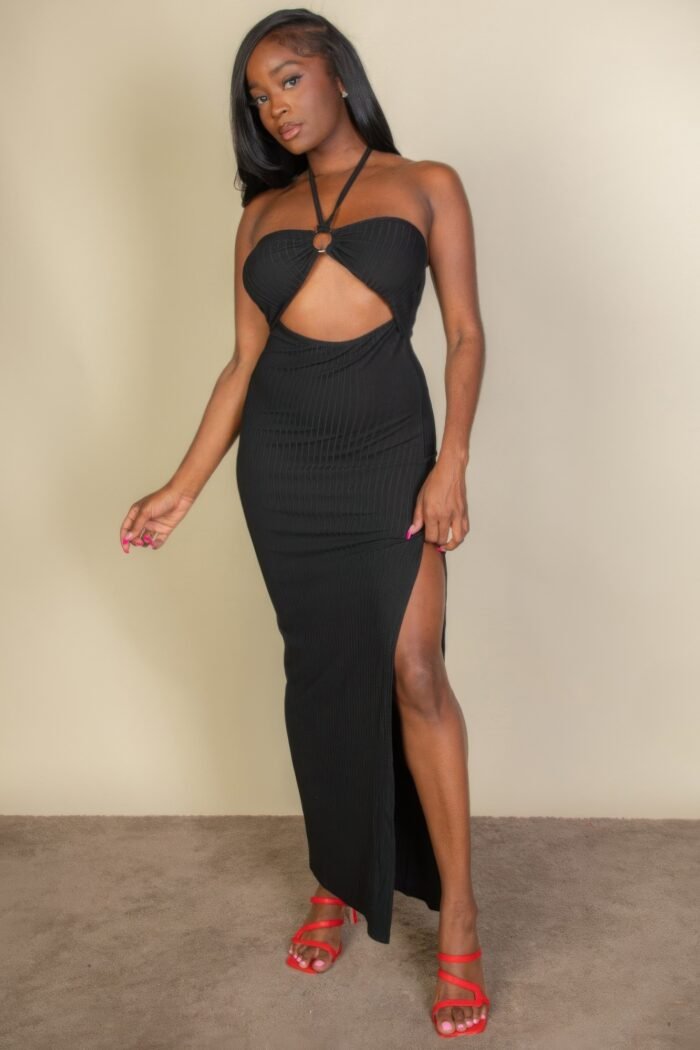 Ribbed cut out front side slit maxi dress
