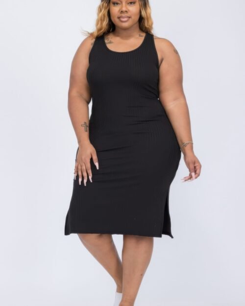 plus size ribbed side slit tank midi dress