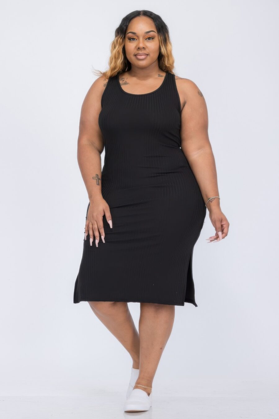 Plus size ribbed side slit tank midi dress