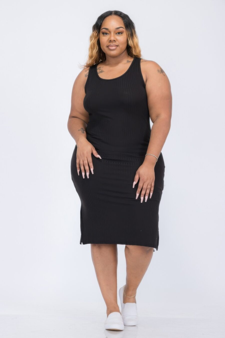 Plus size ribbed side slit tank midi dress