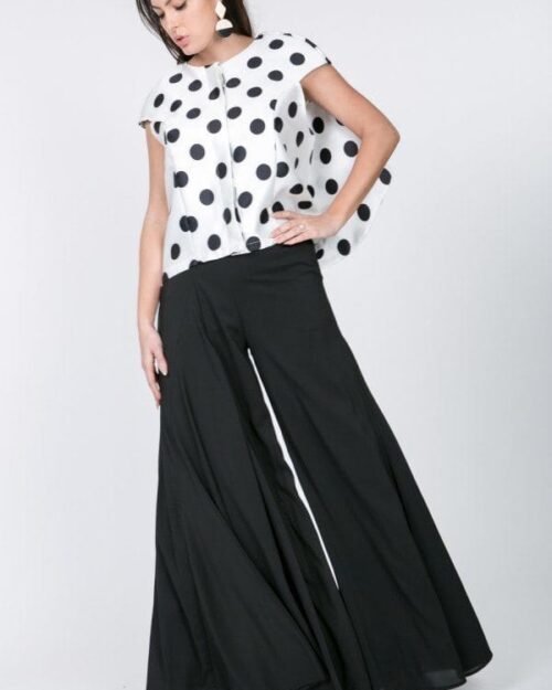 cascade ruffle detail polka dot print top