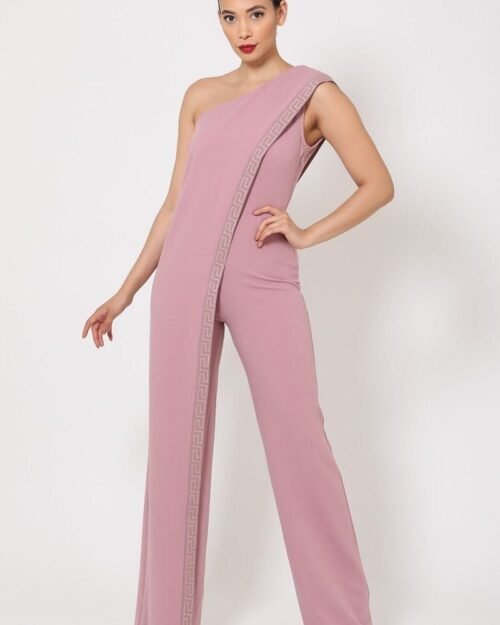 one shoulder greek border pattern jumpsuit