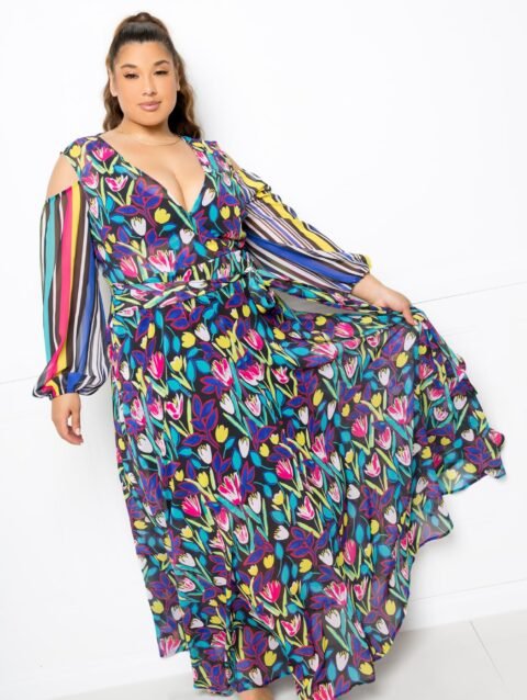 Multi Print Chiffon Maxi Dress