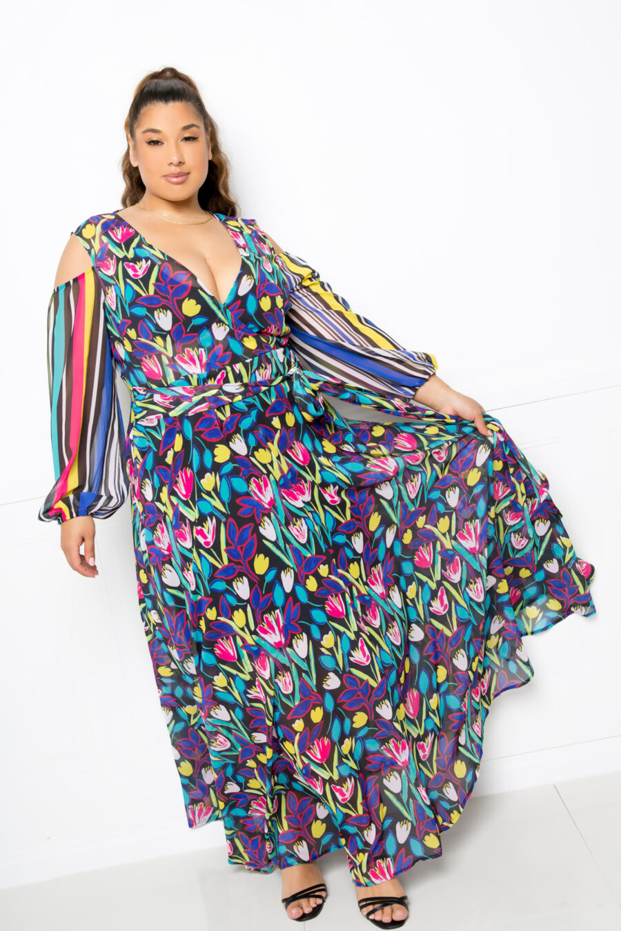 Multi print chiffon maxi dress