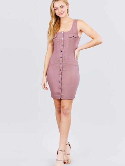 Sleeveless Deep Square Neck Button Down Detail Mini Woven Dress