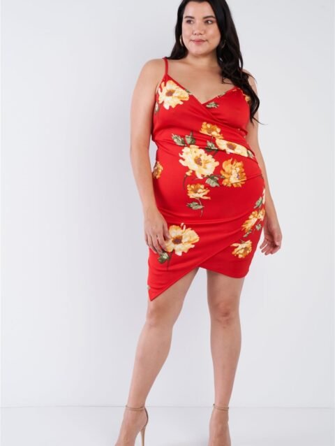 Plus Size Floral Print V-neck Cinched Size Chic Mini Dress