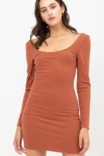 U Neck Of Front And Back Side, Basic Rib Dress With Long Sleeve - Image 2