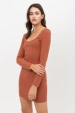 U Neck Of Front And Back Side, Basic Rib Dress With Long Sleeve - Image 3