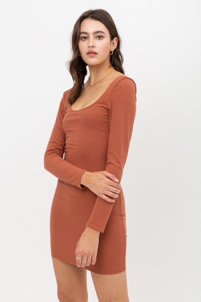 U neck of front and back side, basic rib dress with long sleeve - image 3