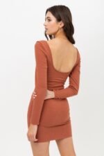 U Neck Of Front And Back Side, Basic Rib Dress With Long Sleeve - Image 4