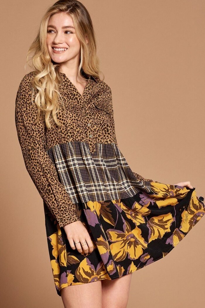 Cheetah print button-down collard shirt dress