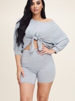 Solid French Terry Tie Front Off The Shoulder Slouchy Top And Shorts Two Pie…