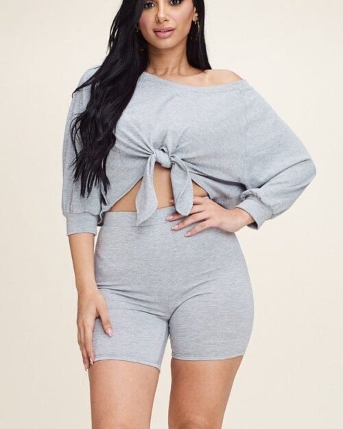 solid french terry tie front off the shoulder slouchy top and shorts two pie…