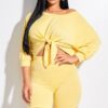 Solid French Terry Tie Front Off The Shoulder Slouchy Top And Shorts Two Pie...