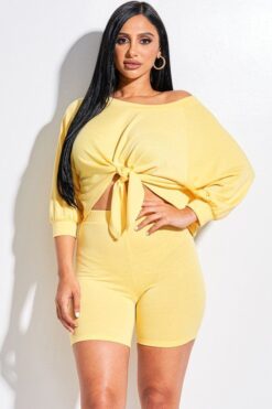 Solid French Terry Tie Front Off The Shoulder Slouchy Top And Shorts Two Pie...