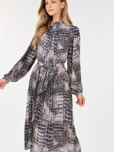 Long Sleeve Pleated Snake Skin Print Midi Dress