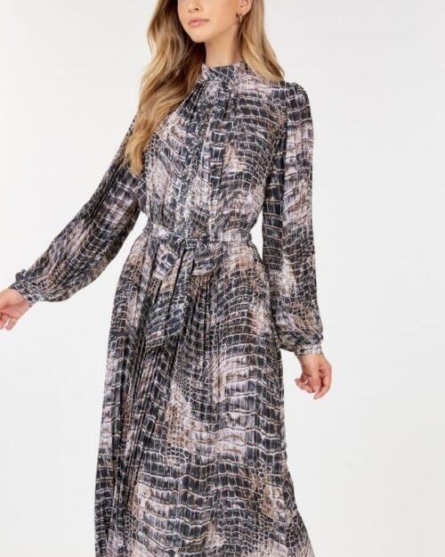 Long Sleeve Pleated Snake Skin Print Midi Dress