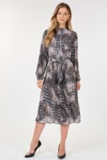 Long Sleeve Pleated Snake Skin Print Midi Dress - Image 2