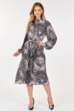 Long Sleeve Pleated Snake Skin Print Midi Dress - Image 3