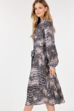 Long Sleeve Pleated Snake Skin Print Midi Dress - Image 4
