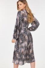 Long Sleeve Pleated Snake Skin Print Midi Dress - Image 5