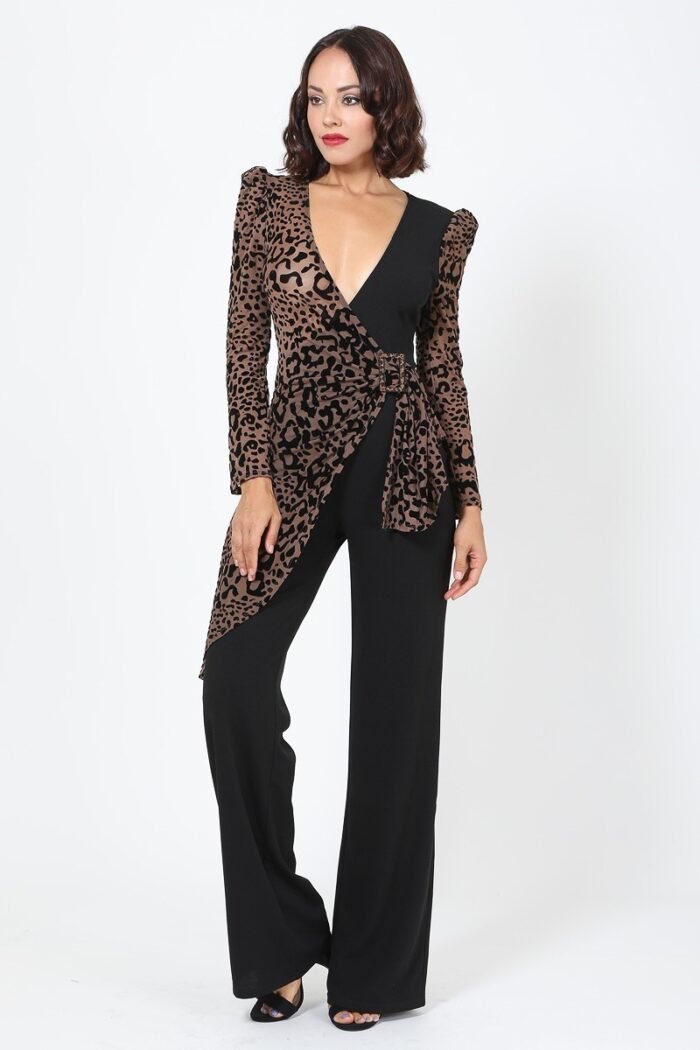 Plunging v buckle detail leopard jumpsuit - image 2