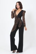 Plunging V Buckle Detail Leopard Jumpsuit - Image 3