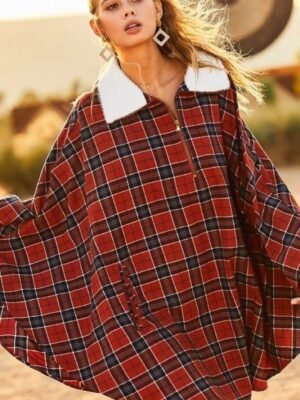 Mock Neck With Zipper Contrast Inside Front Pocket Plaid Poncho