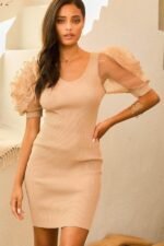 V Neck Contrast Flower Lace Bubble Sleeve Midi Bodycon Dress - Image 2