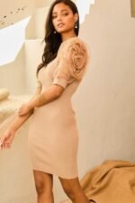 V Neck Contrast Flower Lace Bubble Sleeve Midi Bodycon Dress - Image 5