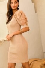 V Neck Contrast Flower Lace Bubble Sleeve Midi Bodycon Dress - Image 7