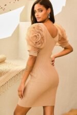 V Neck Contrast Flower Lace Bubble Sleeve Midi Bodycon Dress - Image 8