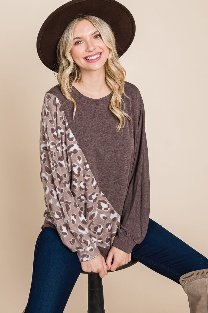 Cute animal french terry brush contrast print pullover with cuff detail