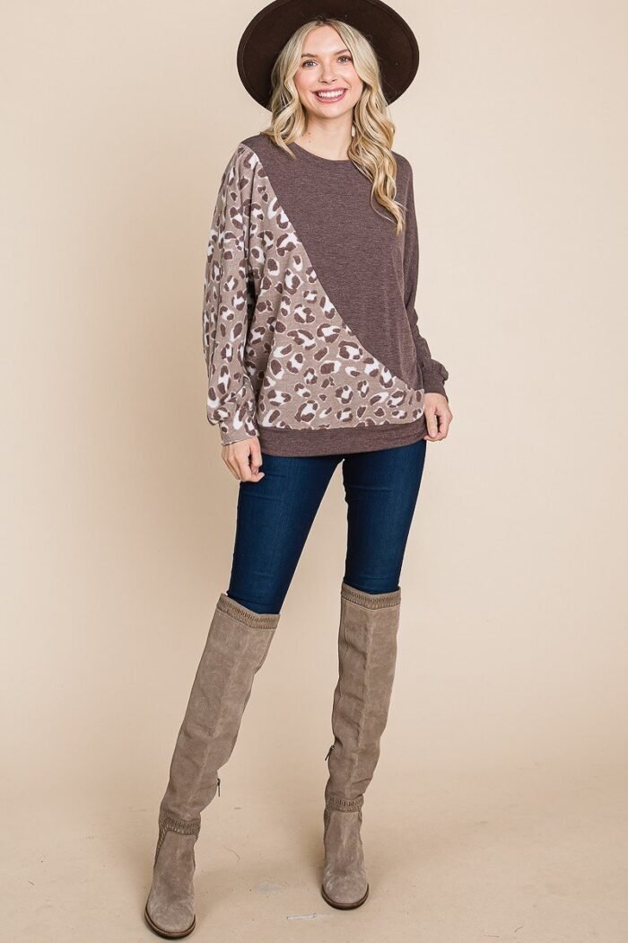 Cute animal french terry brush contrast print pullover with cuff detail