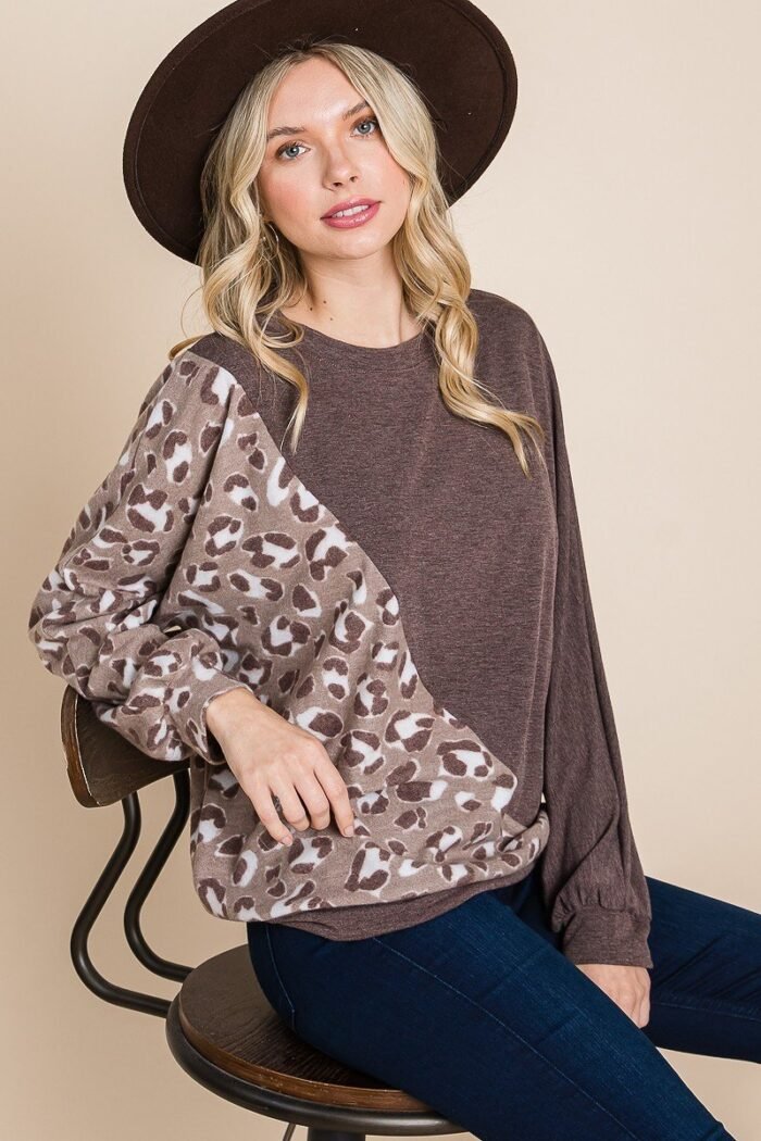 Cute animal french terry brush contrast print pullover with cuff detail