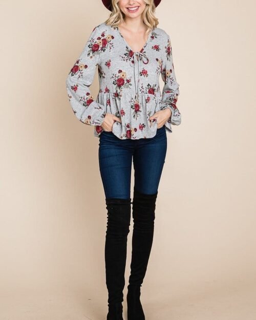 floral hacci printed babydoll top with elastic cuff sleeves