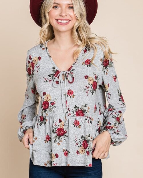 floral hacci printed babydoll top with elastic cuff sleeves
