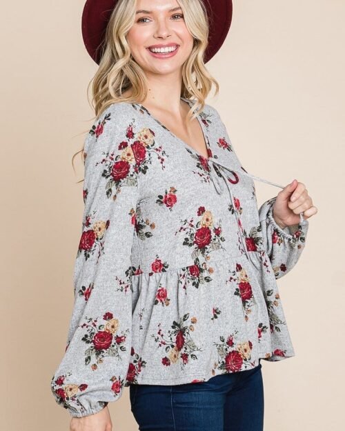 floral hacci printed babydoll top with elastic cuff sleeves