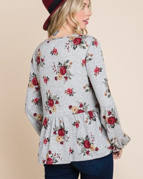 floral hacci printed babydoll top with elastic cuff sleeves