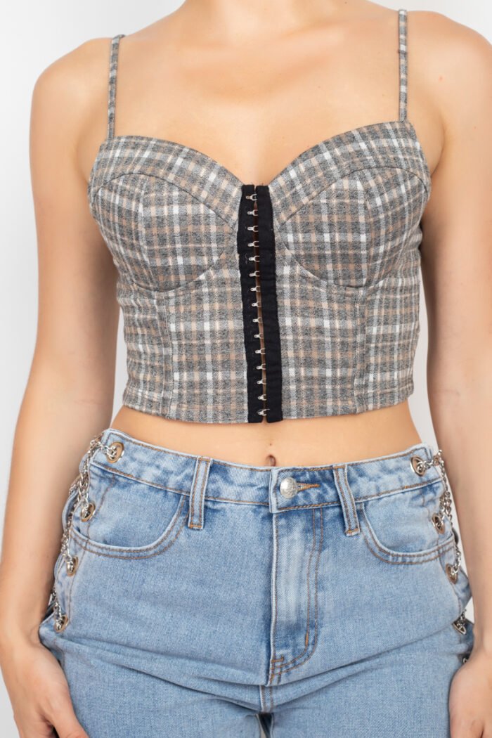 Plaid hook & eye sweetheart crop top