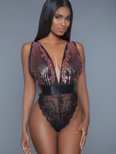 Raspberry Pink Sequin Lace Lingerie Bodysuit