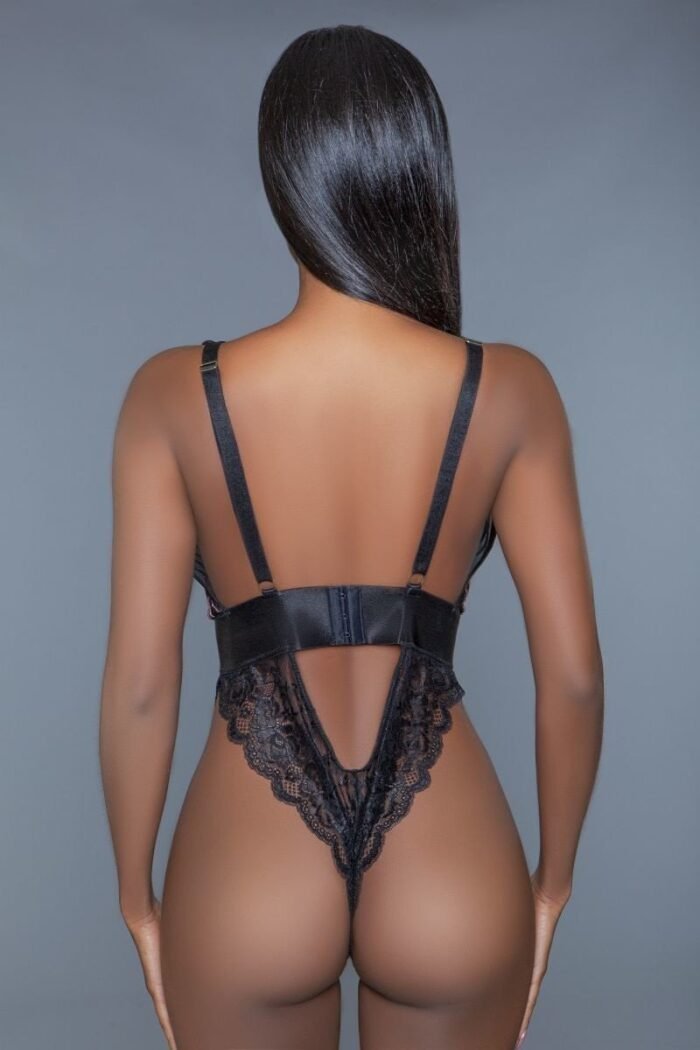 1 pc. Cut-out lace bottoms with raspberry-pink sequins plunging sheer neckline