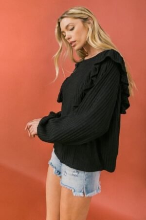 Round Neckline Front Ruffle Detail Knit Top Round Neckline Front Ruffle Detail Knit Top