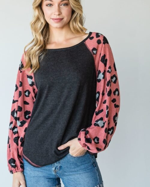round neckline and animal print color block top