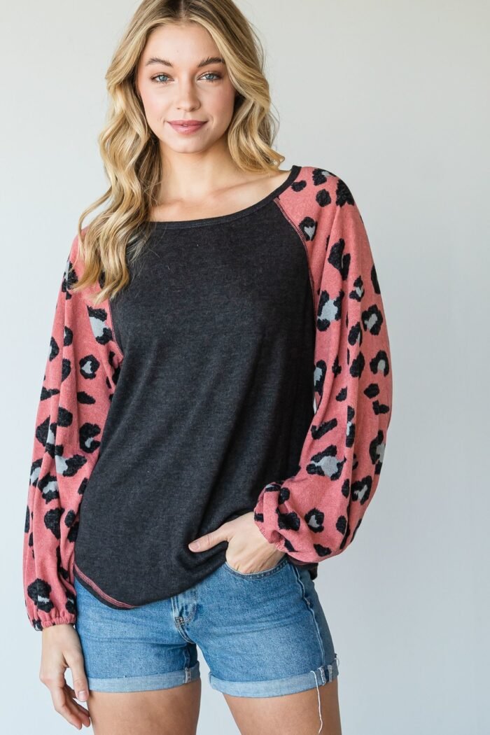 Round neckline and animal print color block top
