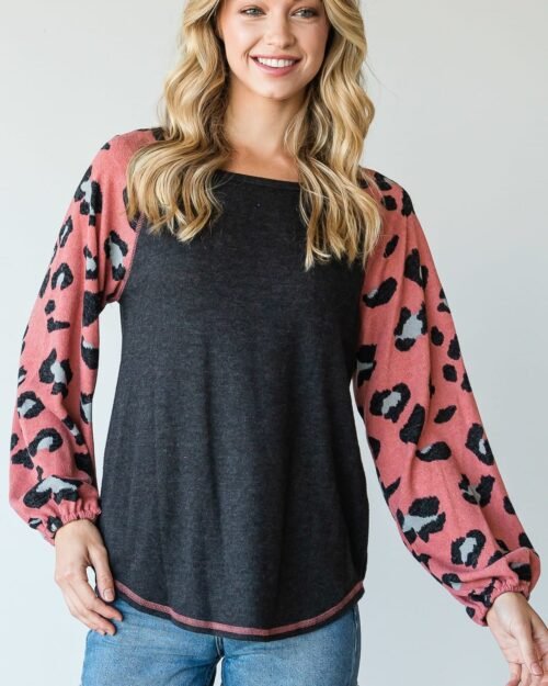 round neckline and animal print color block top
