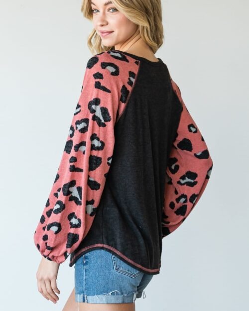 round neckline and animal print color block top
