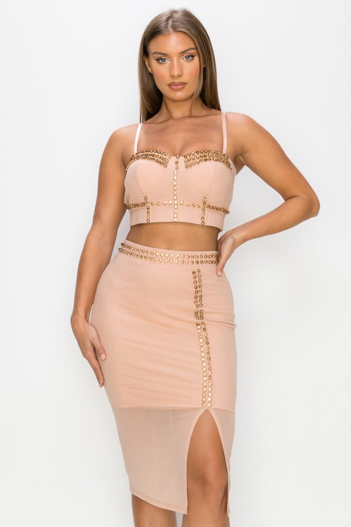 Studded stone cami top & slit mini skirts set