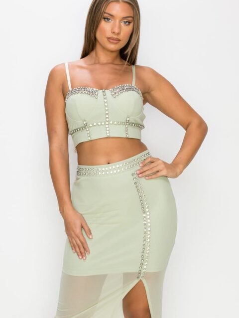 Studded Stone Cami Top & Slit Mini Skirts Set