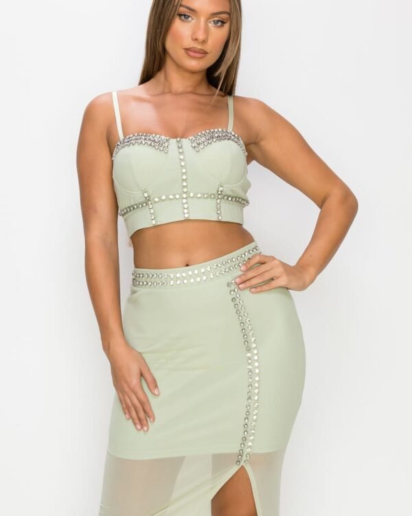 Studded Stone Cami Top & Slit Mini Skirts Set